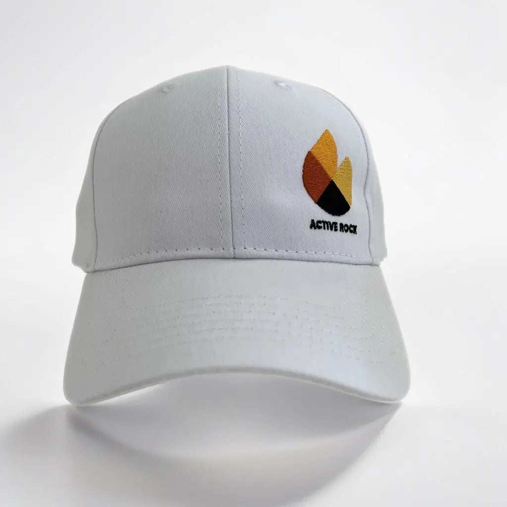 White Active Rock Classic Cap with logo, lightweight, breathable, six-panel stretch, ideal for active wear.