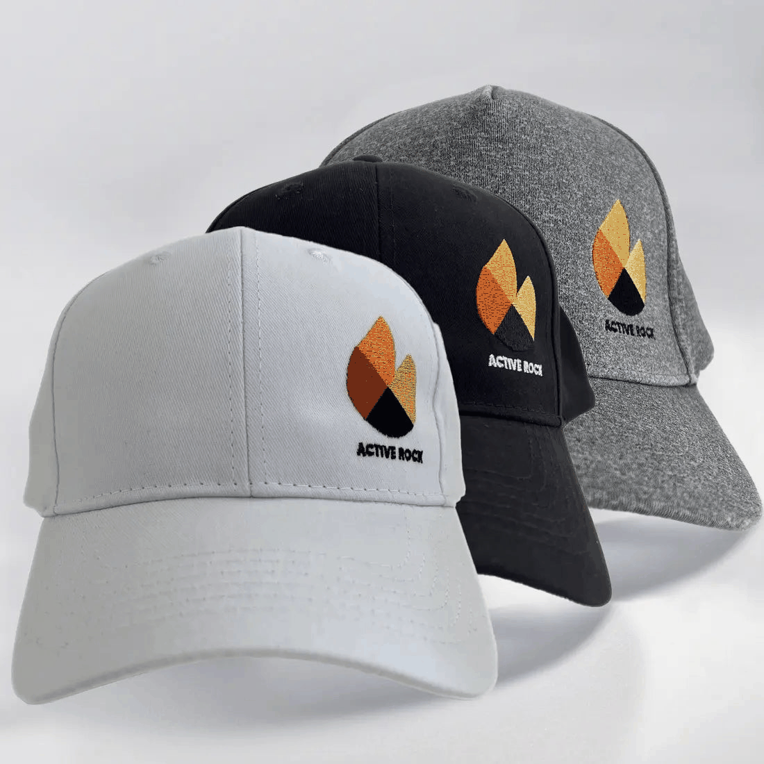 Active Rock caps bundle with two classic stretch caps and one premium grey adjustable cap featuring embroidered logo