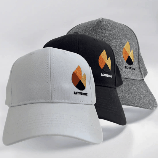 Active Rock caps bundle with two classic stretch caps and one premium grey adjustable cap featuring embroidered logo
