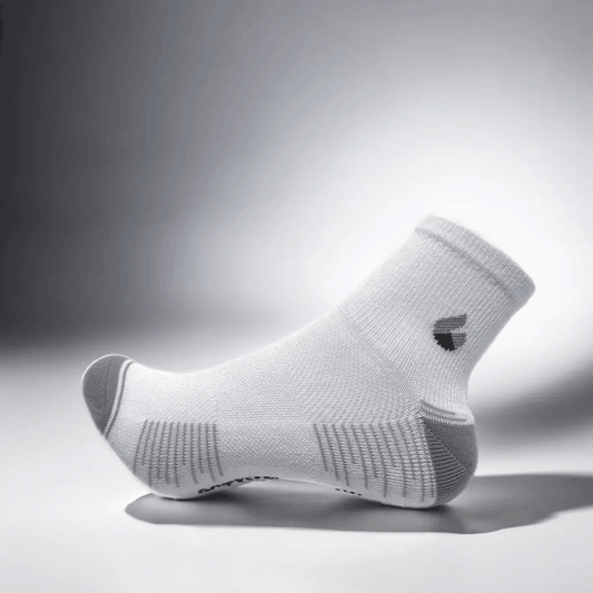 White and grey ankle running socks with moisture-wicking and breathable mesh panels