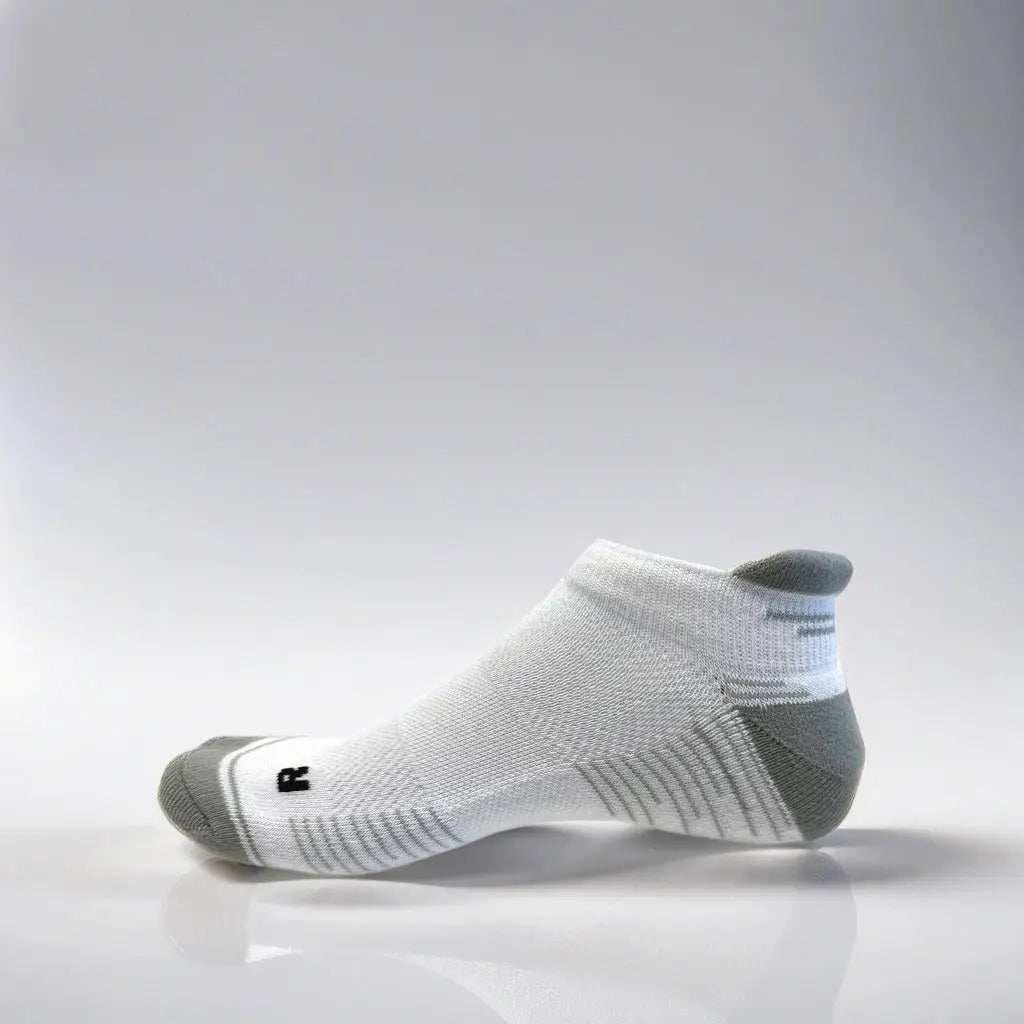 White and grey low cut running sock with arch support and ventilation