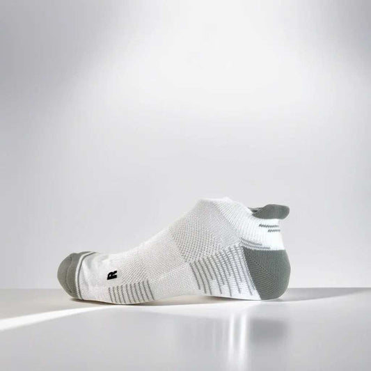 white and grey low-cut tennis socks with breathable mesh and secure fit strip