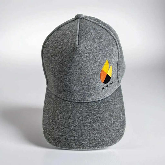 grey Active Rock 5-panel stretch cap with adjustable strap and logo, breathable and comfortable design